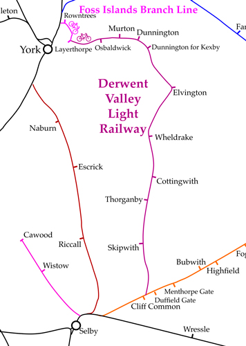 Map showing route of Foss Islands Branch Line and Derwent Valley Light Railway