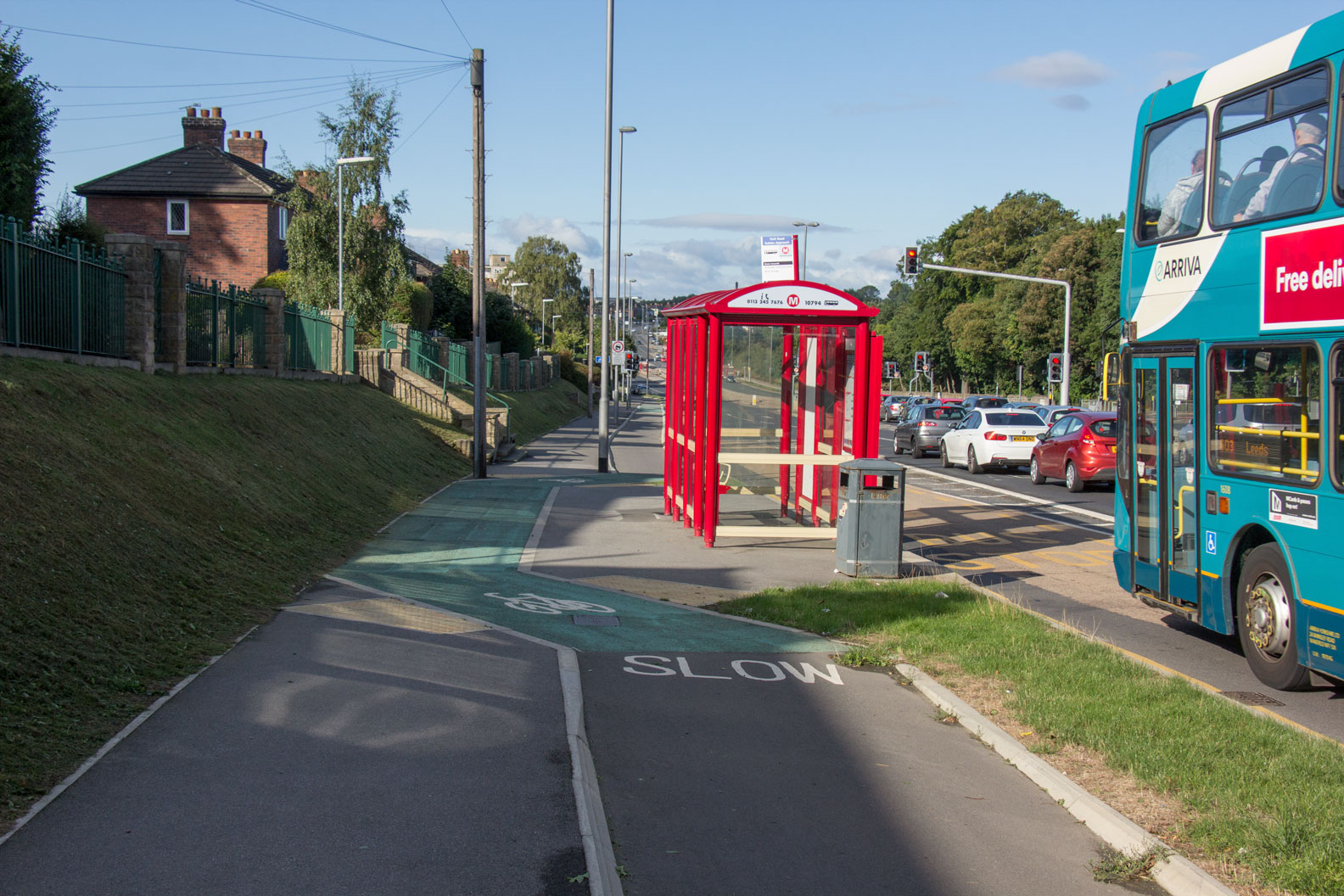 Leeds Bradford cycle superhighway, floating bus stop Leeds Bradford cycle superhighway, floating bus stop