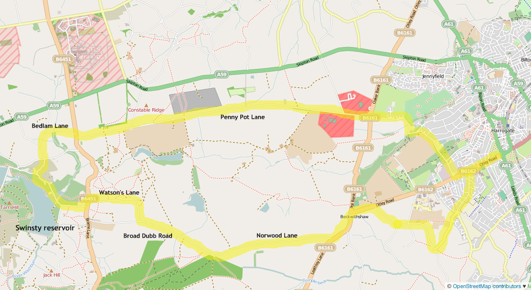 Map showing Penny Pot Lane cycle route west of Harrogate Map showing Penny Pot Lane cycle route west of Harrogate